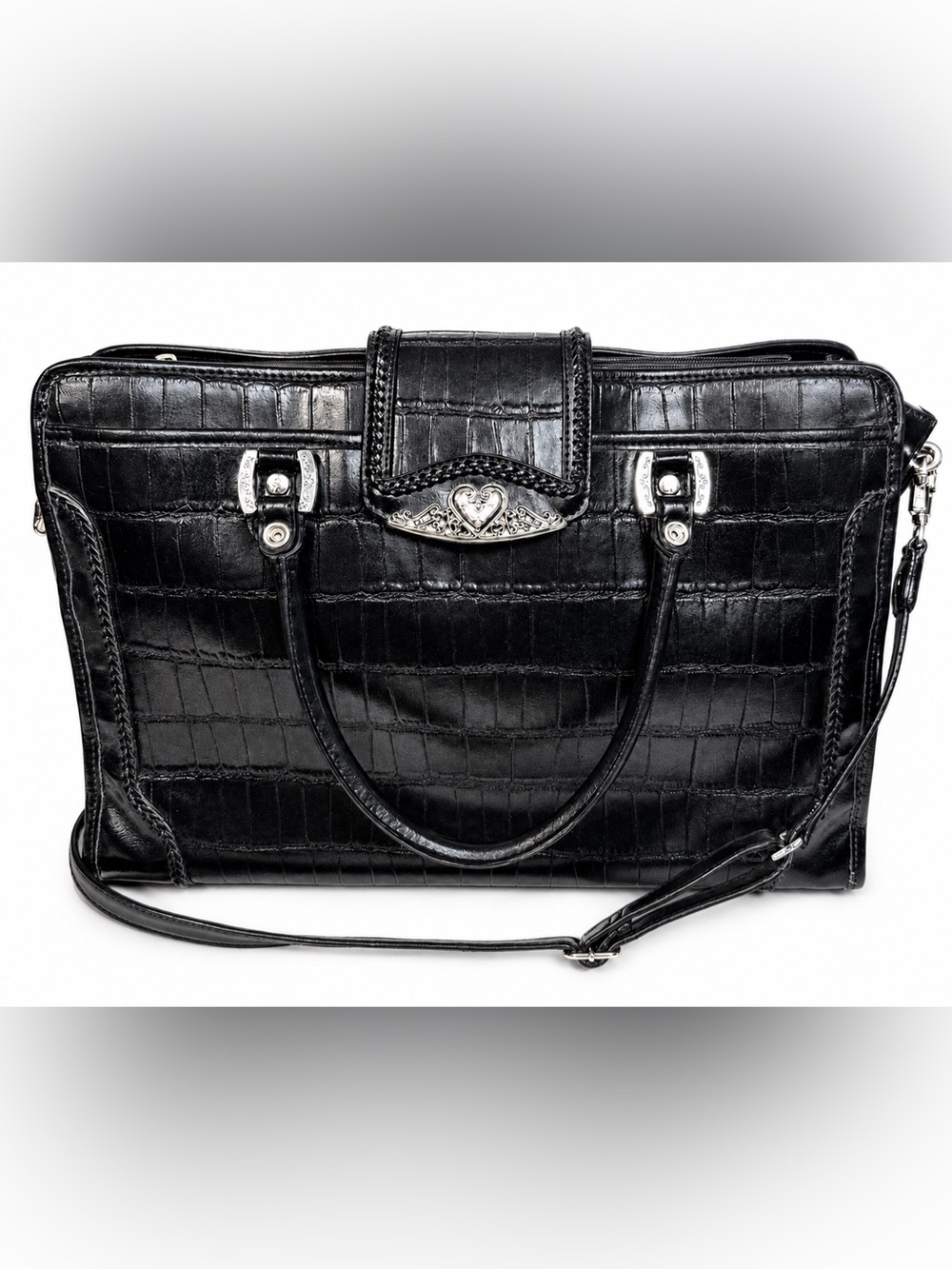 Black Mock Croc Embossed Brighton Inspired Tote  Silver Hardware Work Briefcase